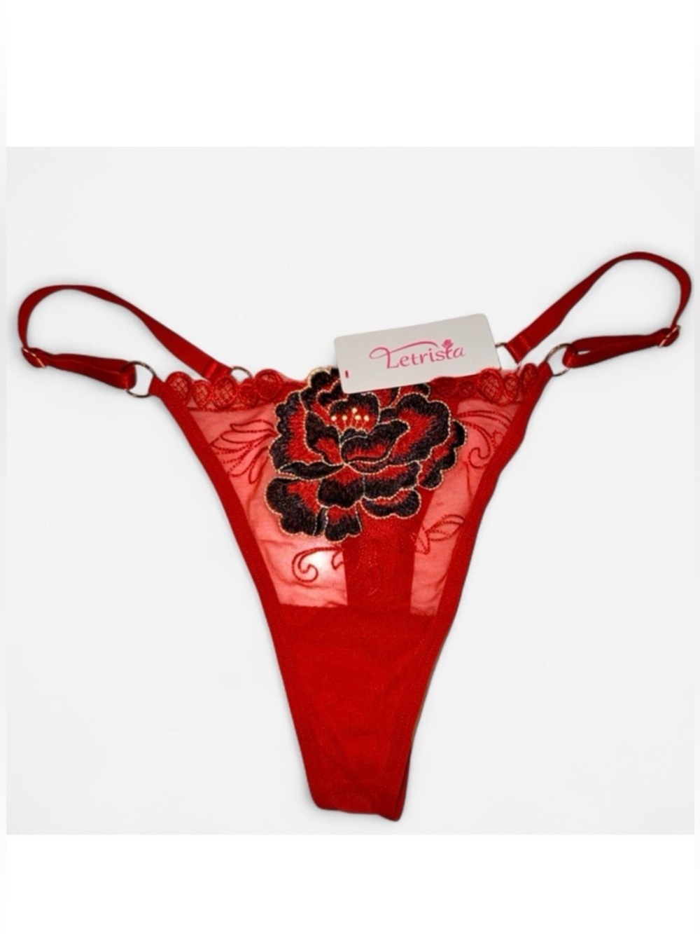 NEW Sheer Mesh Embroidered Red Rose Thong - Medium